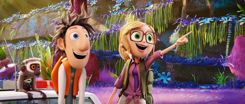 Steve the Monkey (Neil Patrick Harris), Flint (Bill Hader) and Sam (Anna Faris) in Sony Pictures Animation's CLOUDY WITH A CHANCE OF MEATBALLS 2.