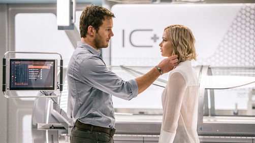 In the Infirmary, Jim (CHRIS PRATT) and Aurora (JENNIFER LAWRENCE) realize they have limited options in Columbia Pictures' PASSENGERS.